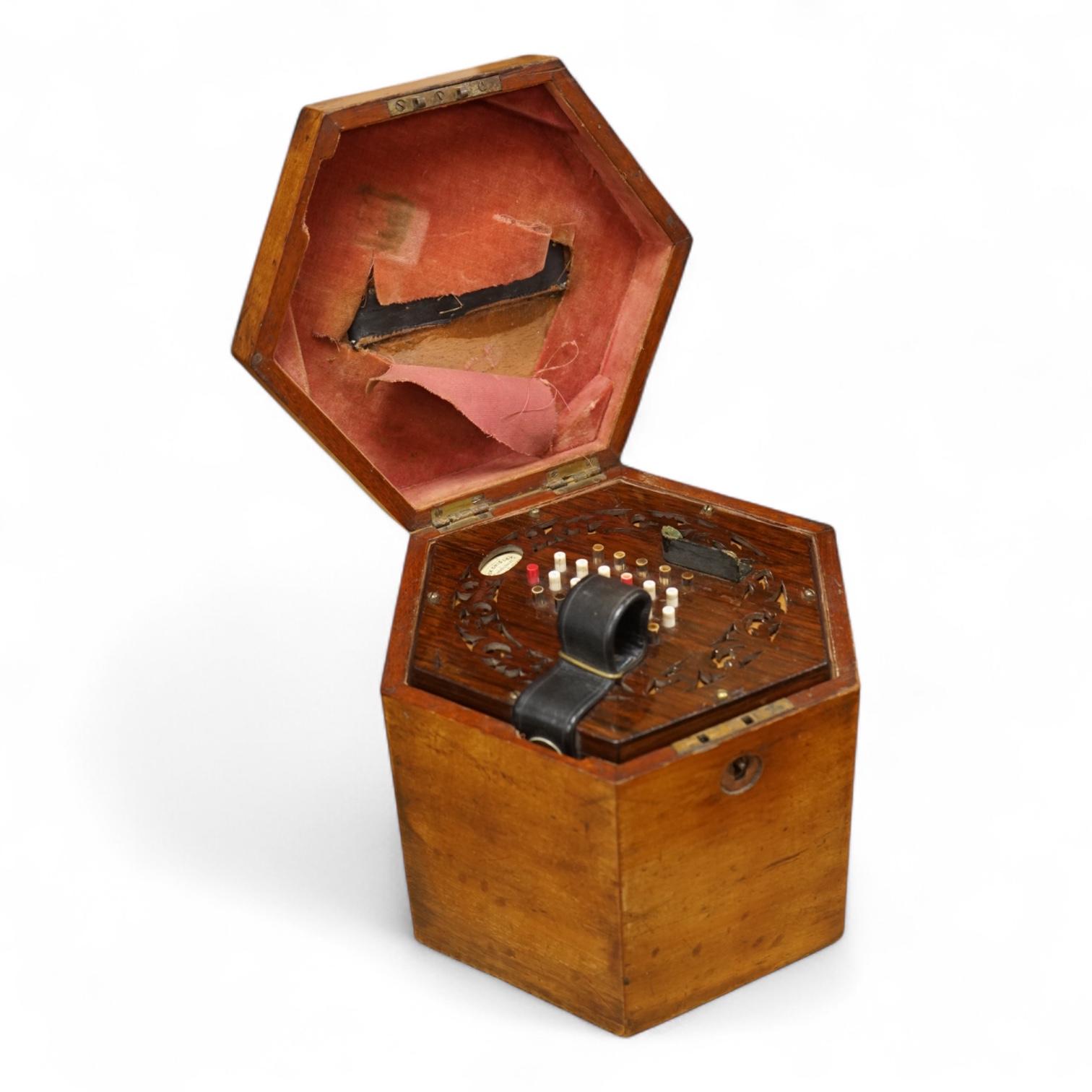 A mahogany cased concertina by Rock Chidley, 135, High Holborn, London, with the rosewood body and numbered 566, CITES Submission reference QML3VKXT